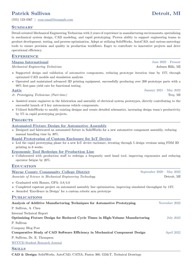 Mechanical Engineering Technician Resume Example CV template preview