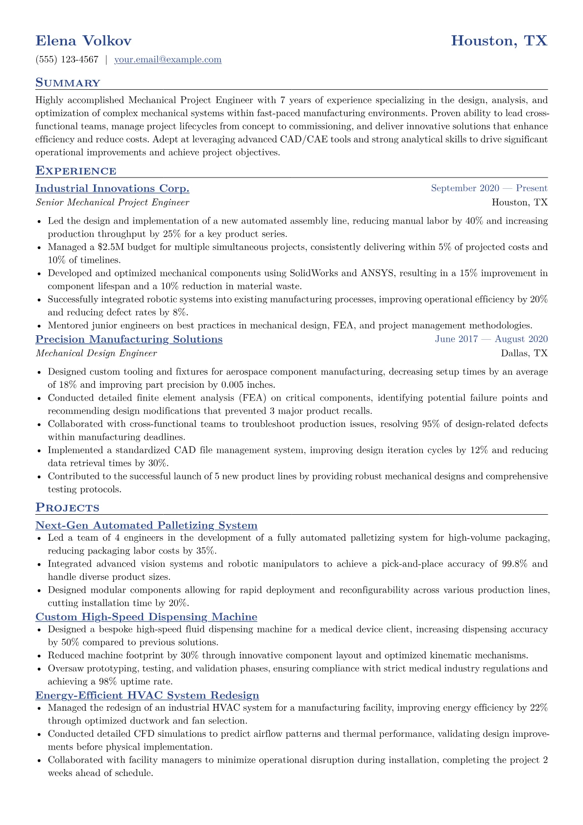 Mechanical Project Engineer Resume Example CV template - Page 1