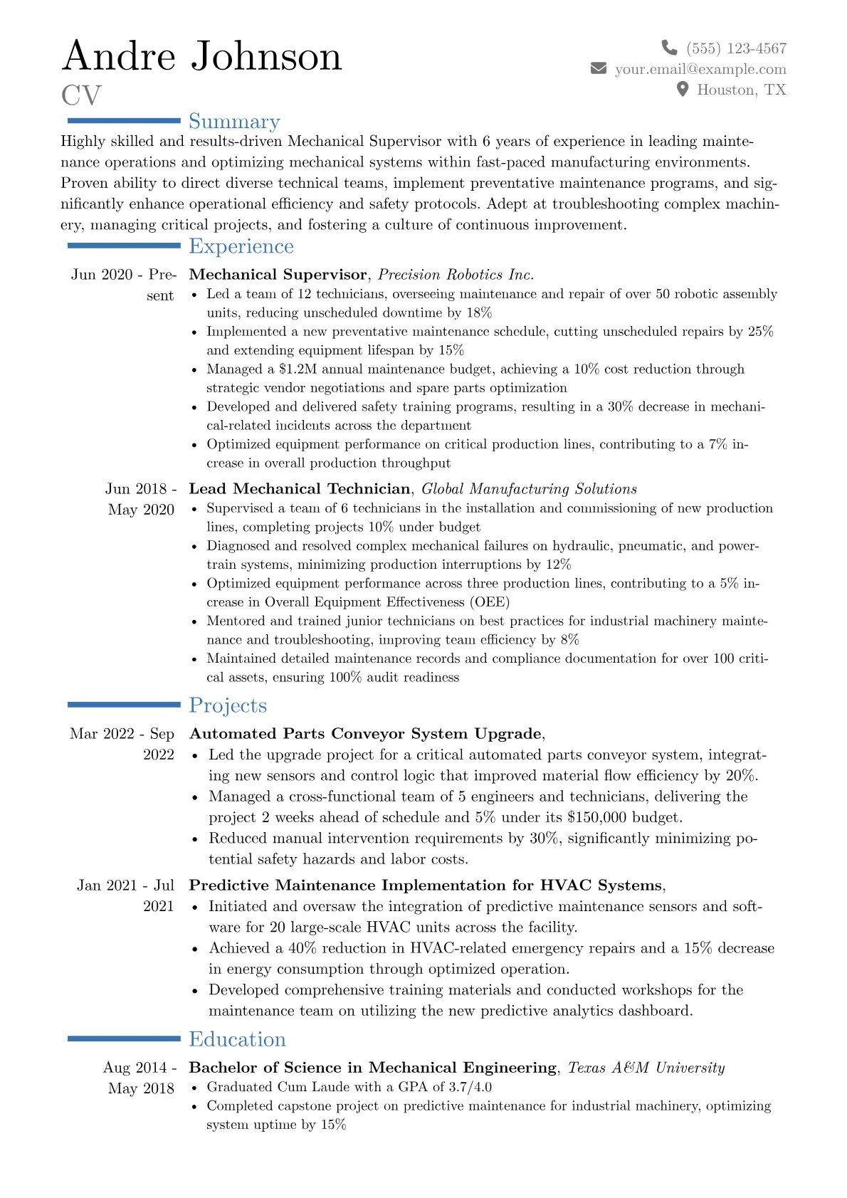 Mechanical Supervisor Resume Example CV template - Page 1