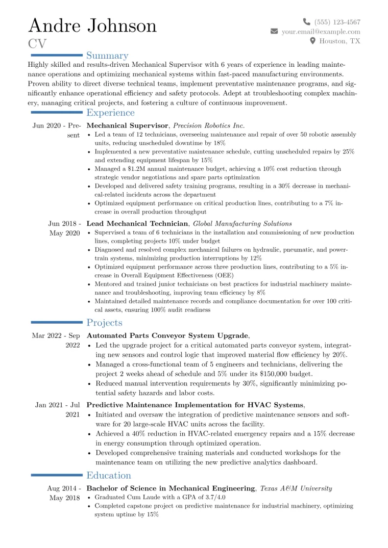 Mechanical Supervisor Resume Example CV template preview
