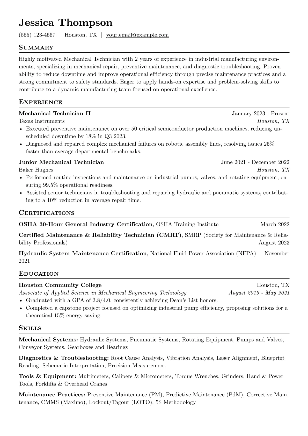 Mechanical Technician Resume Example CV template - Page 1