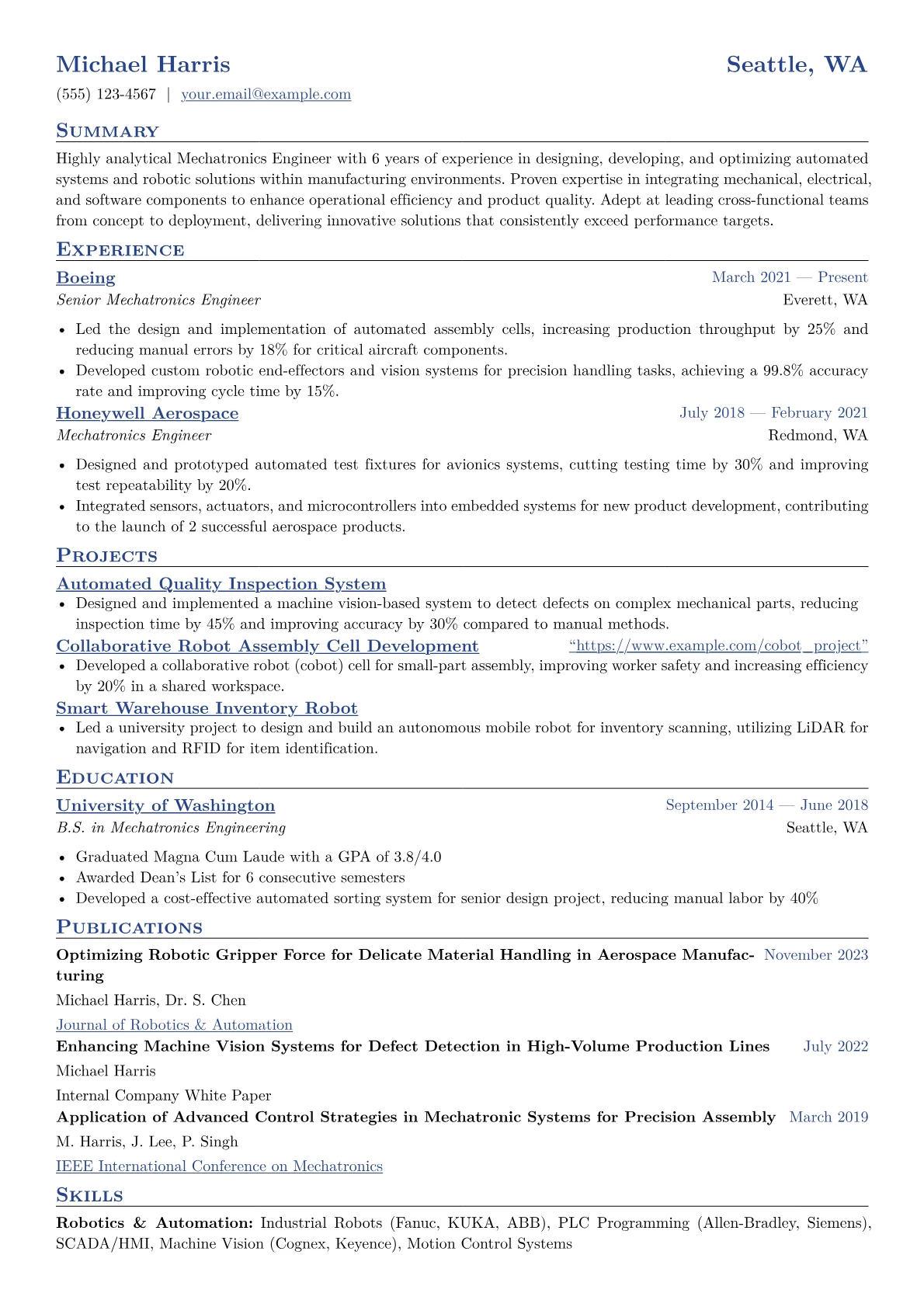Mechatronics Engineer Resume Example CV template - Page 1