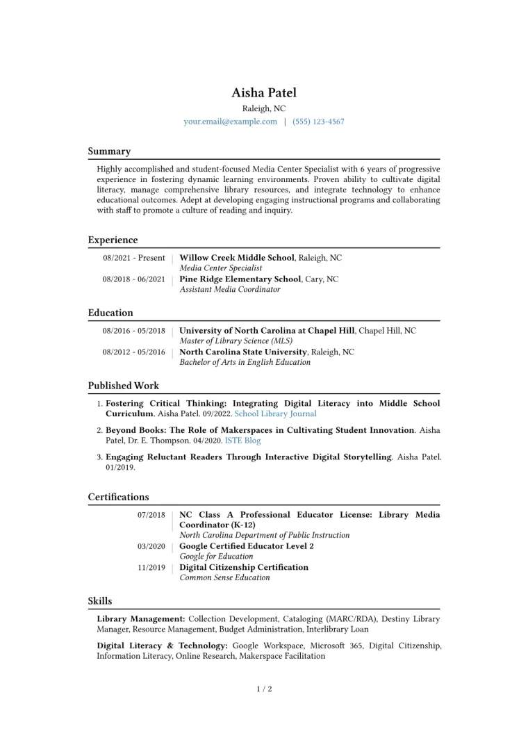 Media Center Specialist Resume Example CV template preview