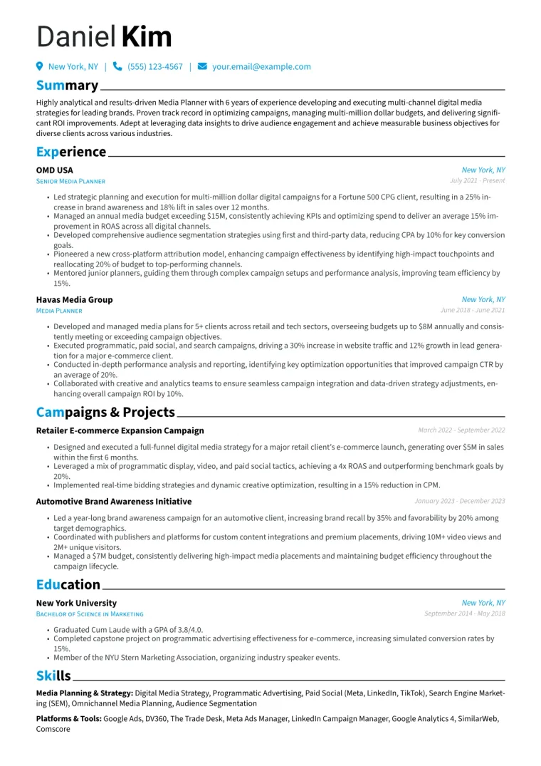 Media Planner Resume Example CV template preview