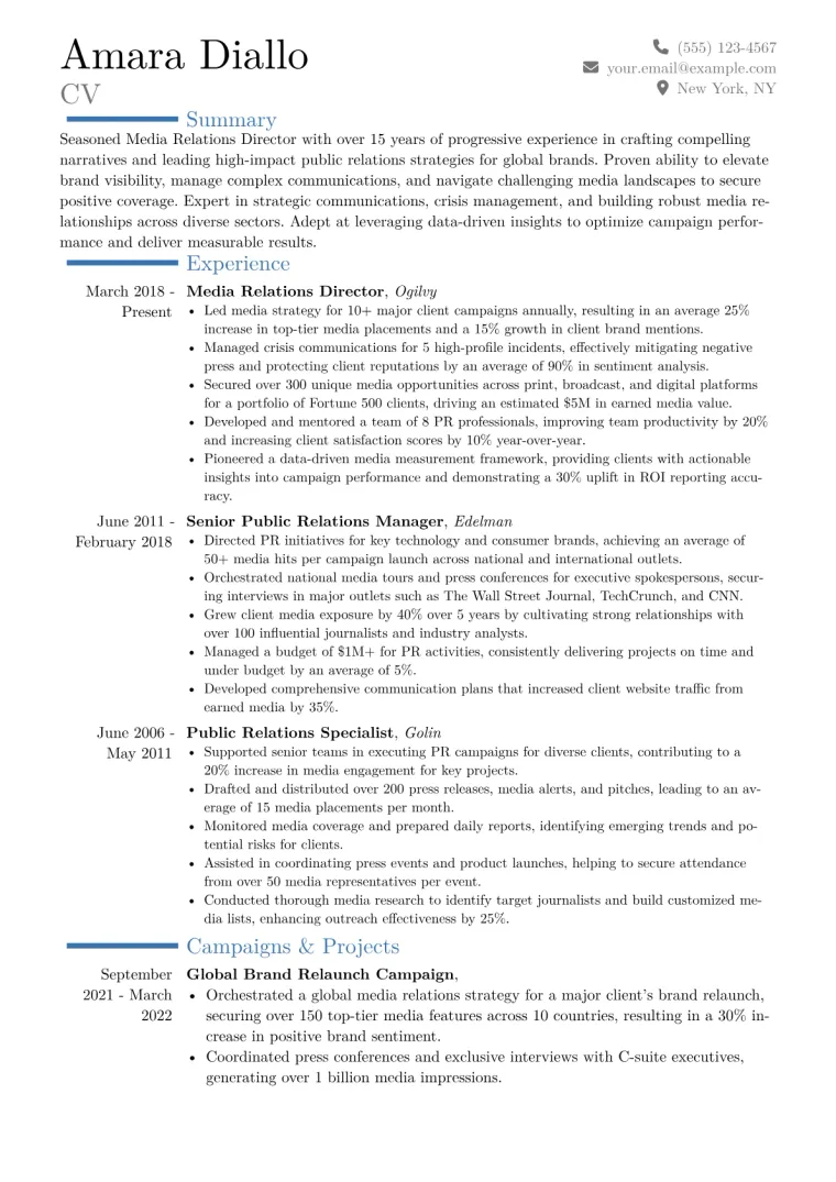Media Relations Director Resume Example CV template preview