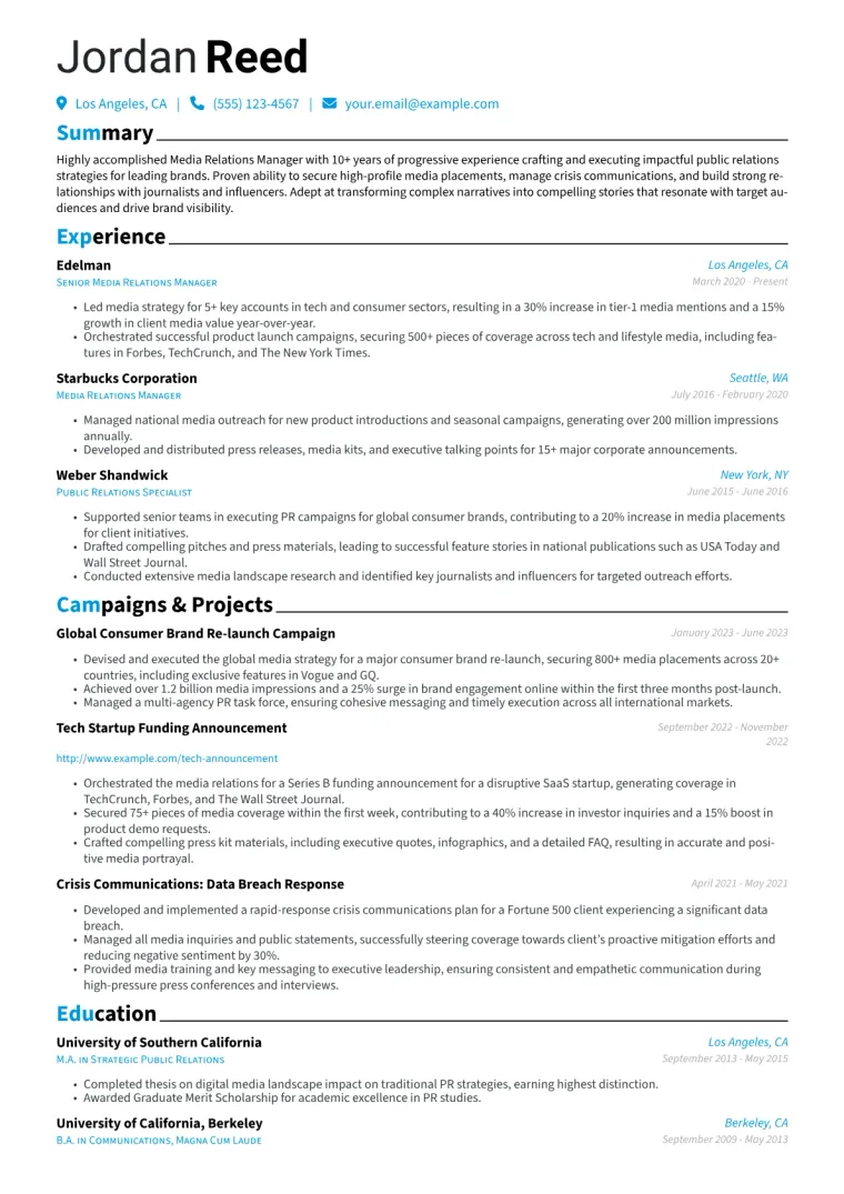 Media Relations Manager Resume Example CV template preview