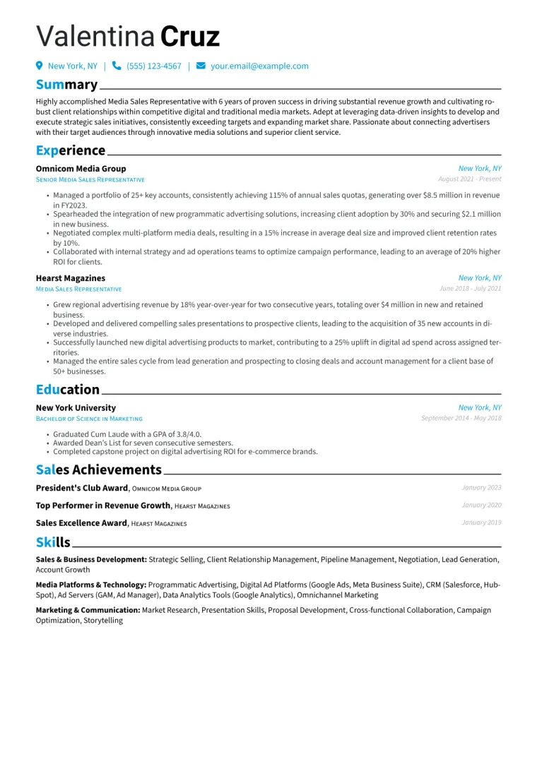 Media Sales Representative Resume Example CV template preview