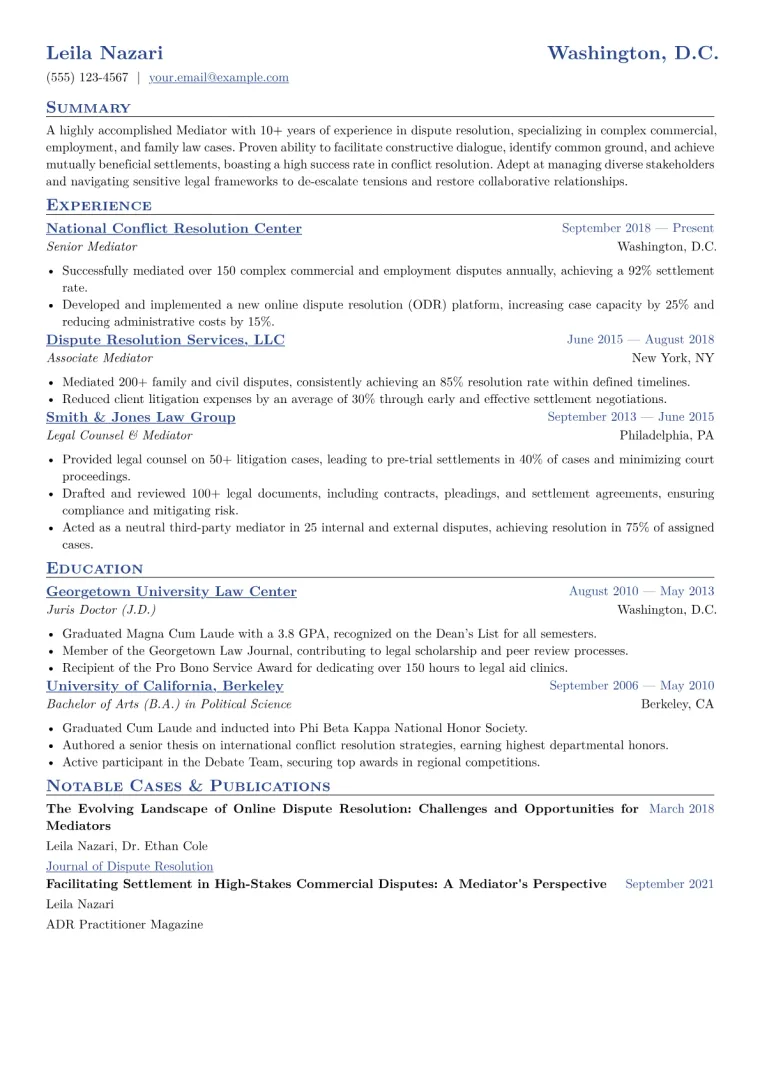 Mediator Resume Example CV template preview