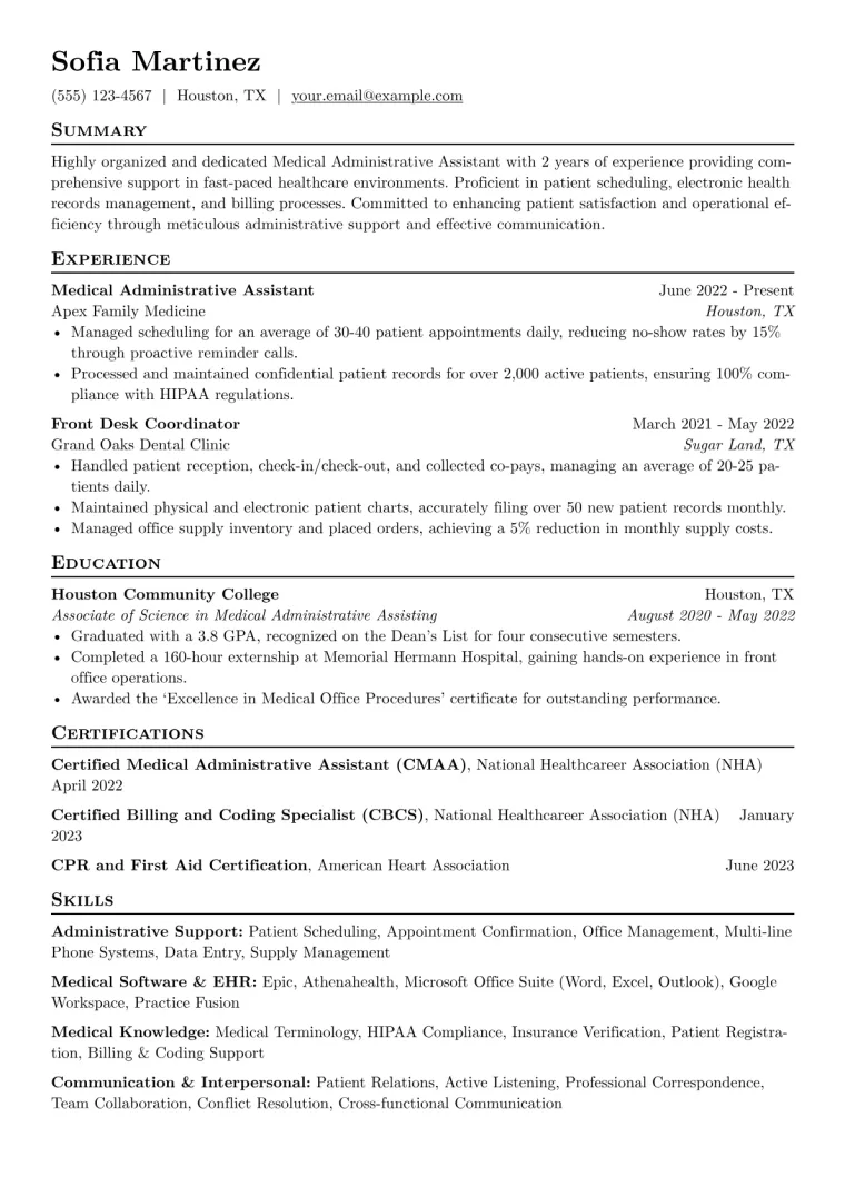 Medical Administrative Assistant Resume Example CV template preview