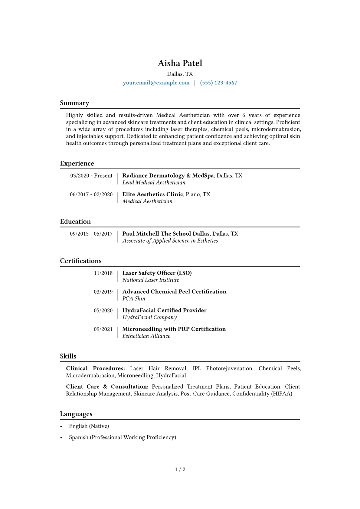 Medical Aesthetician Resume Example CV template - Page 1