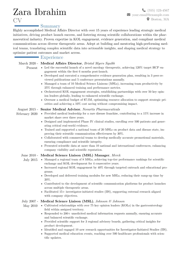 Medical Affairs Director Resume Example CV template preview
