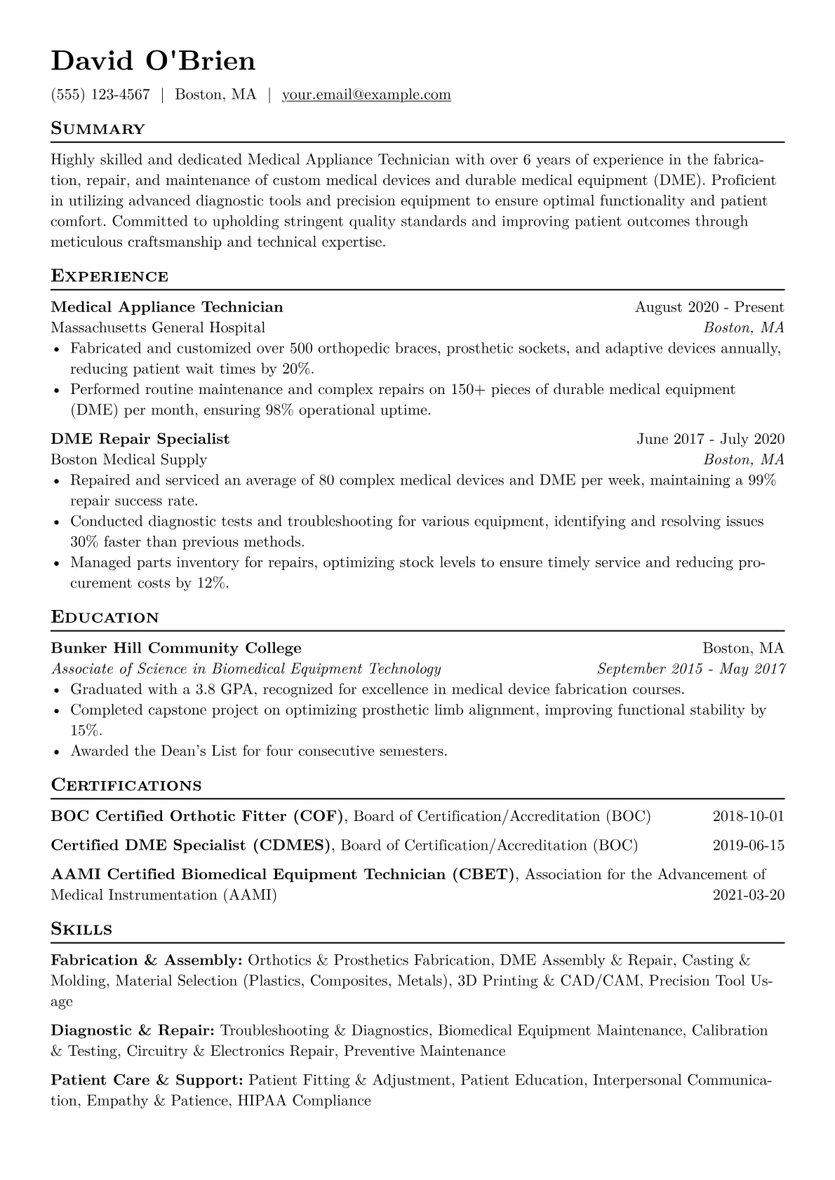 Medical Appliance Technician Resume Example CV template - Page 1