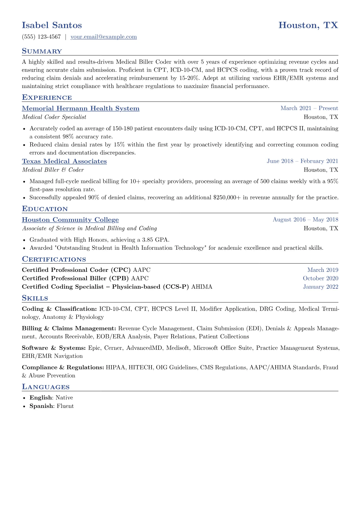 Medical Biller Coder Resume Example CV template - Page 1