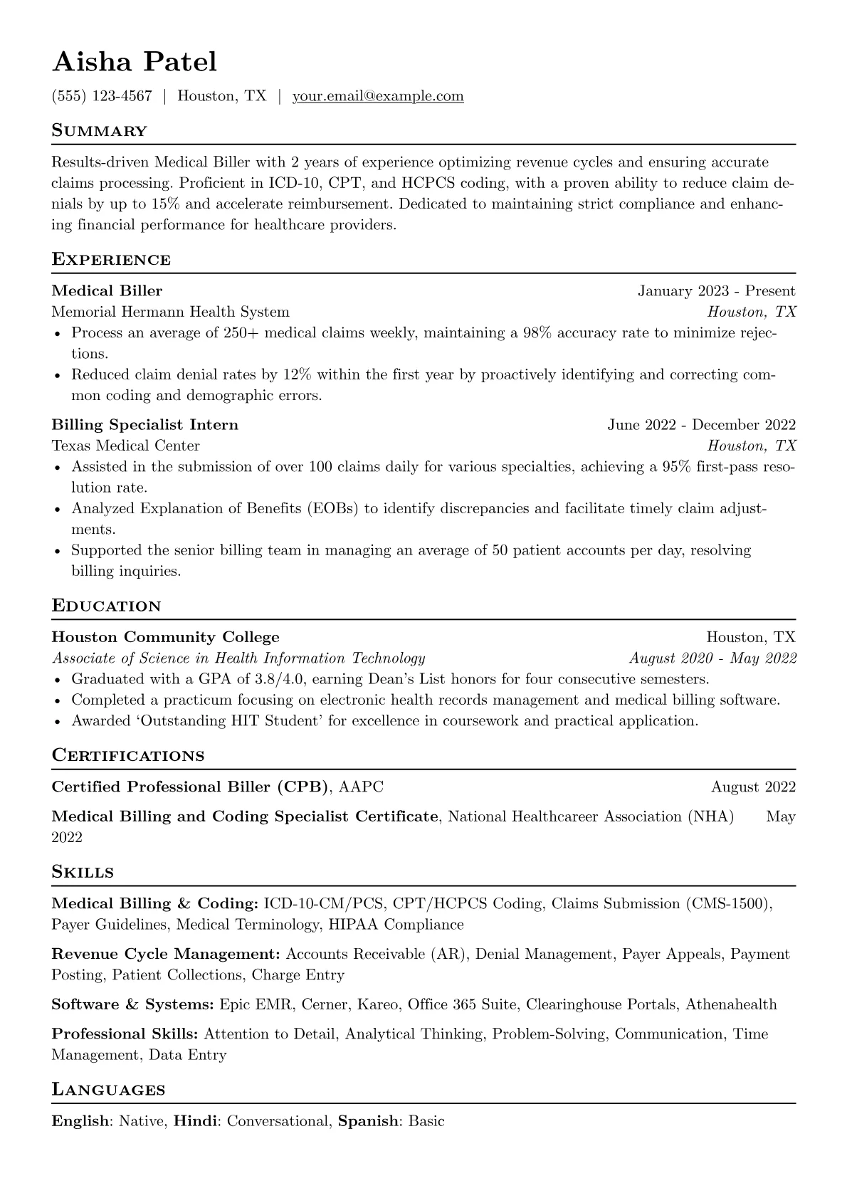Medical Biller Resume Example CV template - Page 1