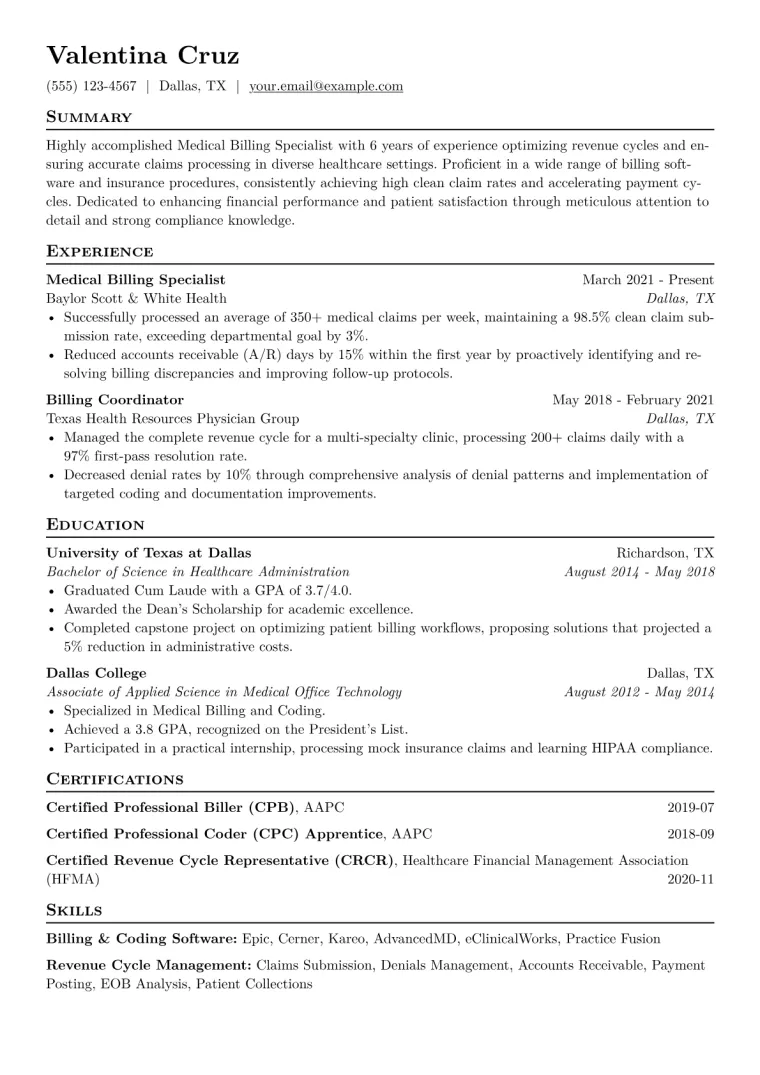 Medical Billing Specialist Resume Example CV template preview