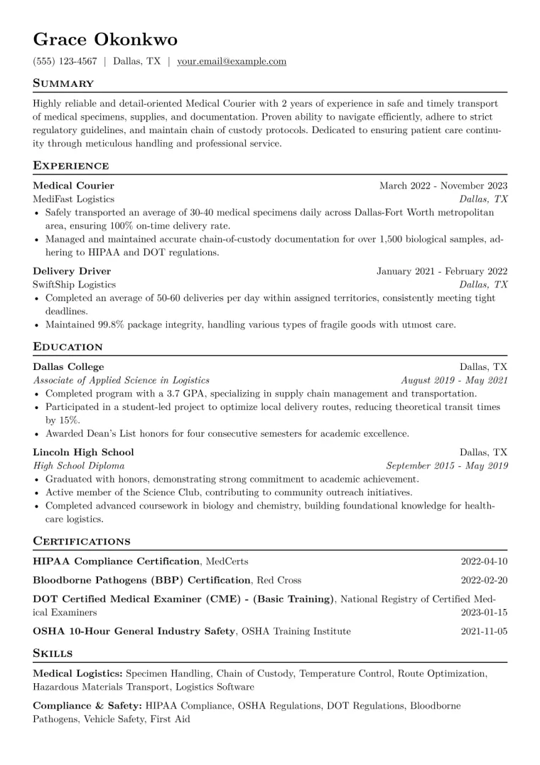 Medical Courier Resume Example CV template preview
