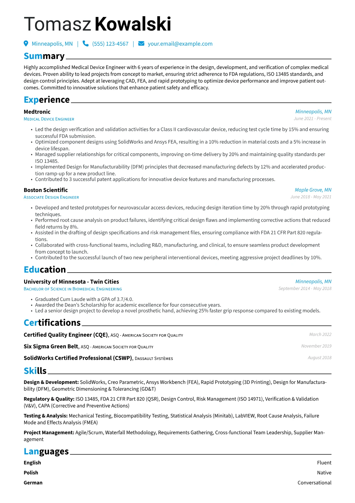 Medical Device Engineer Resume Example CV template - Page 1