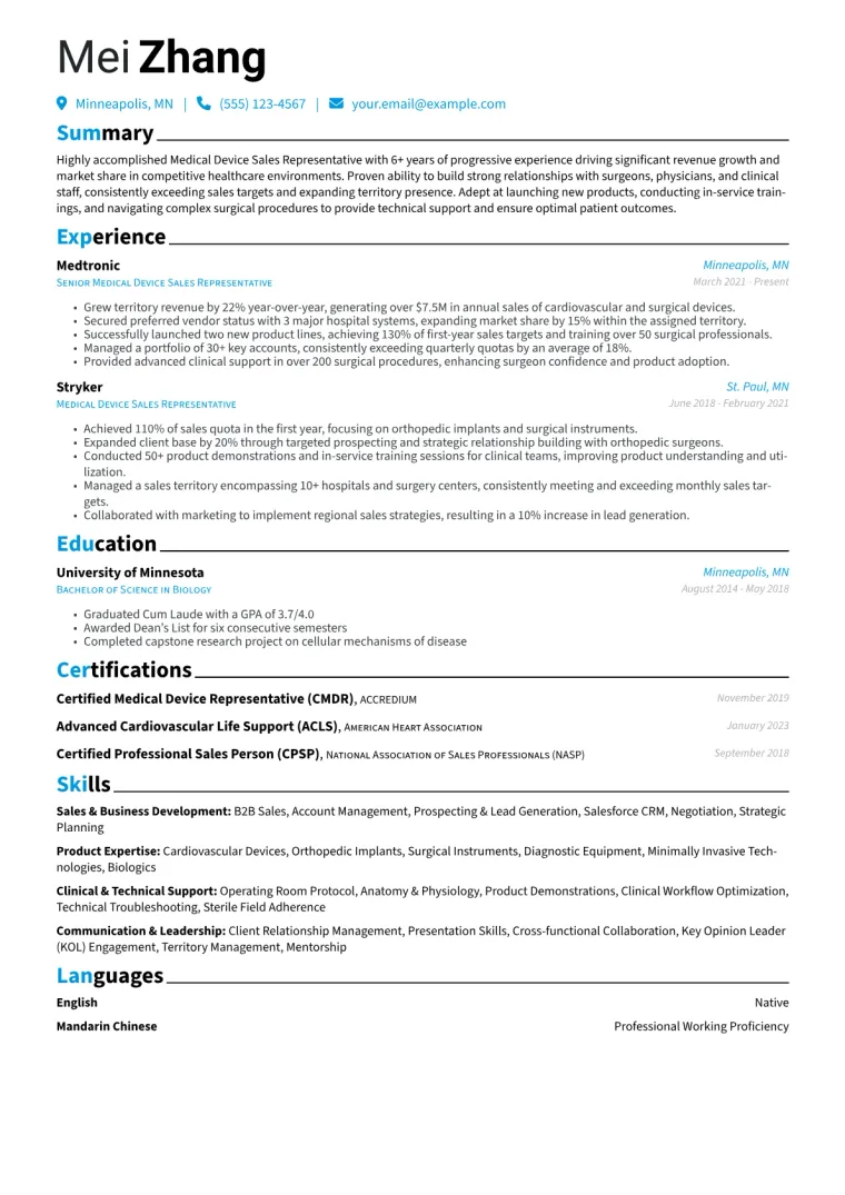 Medical Device Sales Representative Resume Example CV template preview