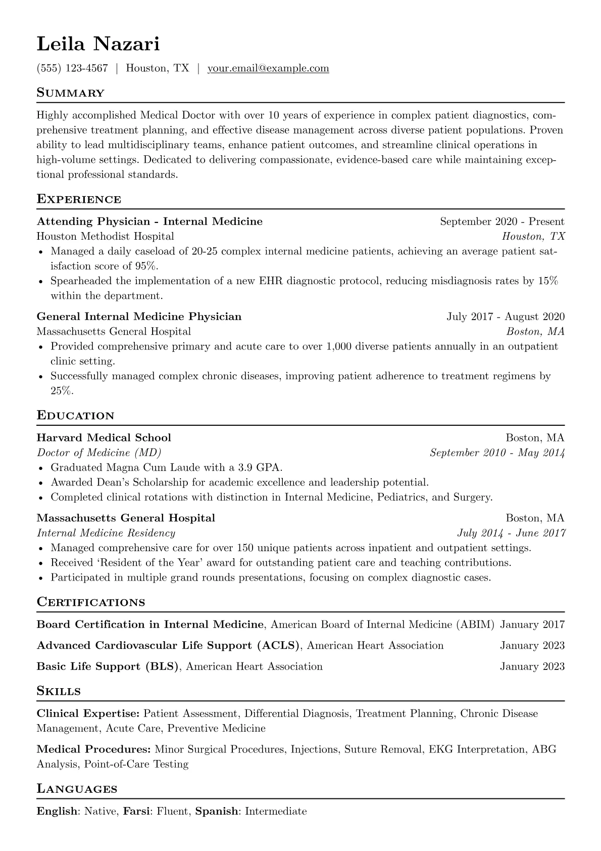 Medical Doctor Resume Example CV template - Page 1