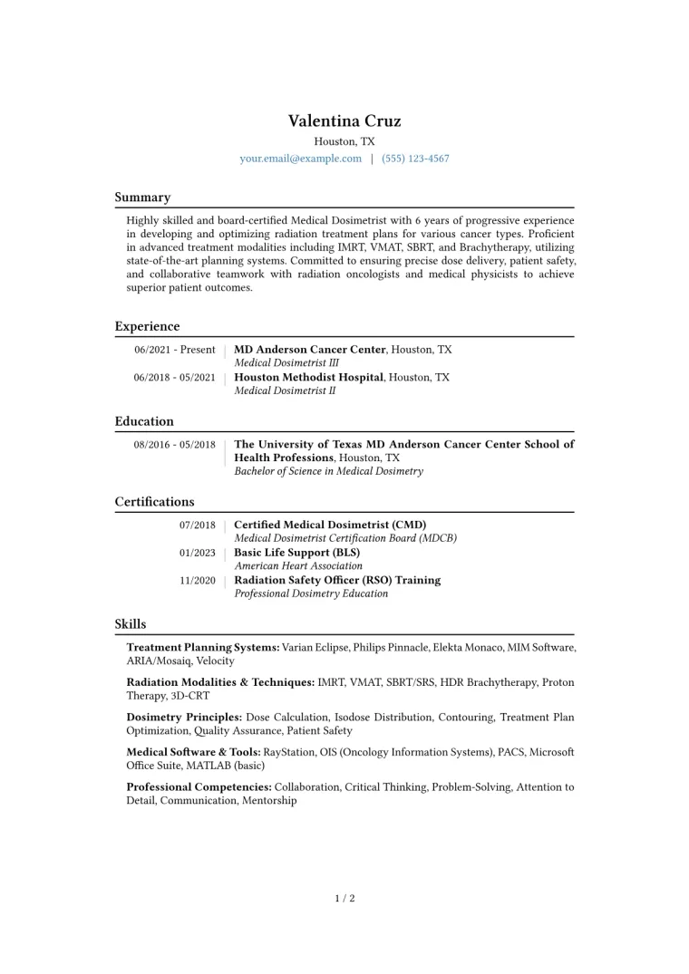 Medical Dosimetrist Resume Example CV template preview