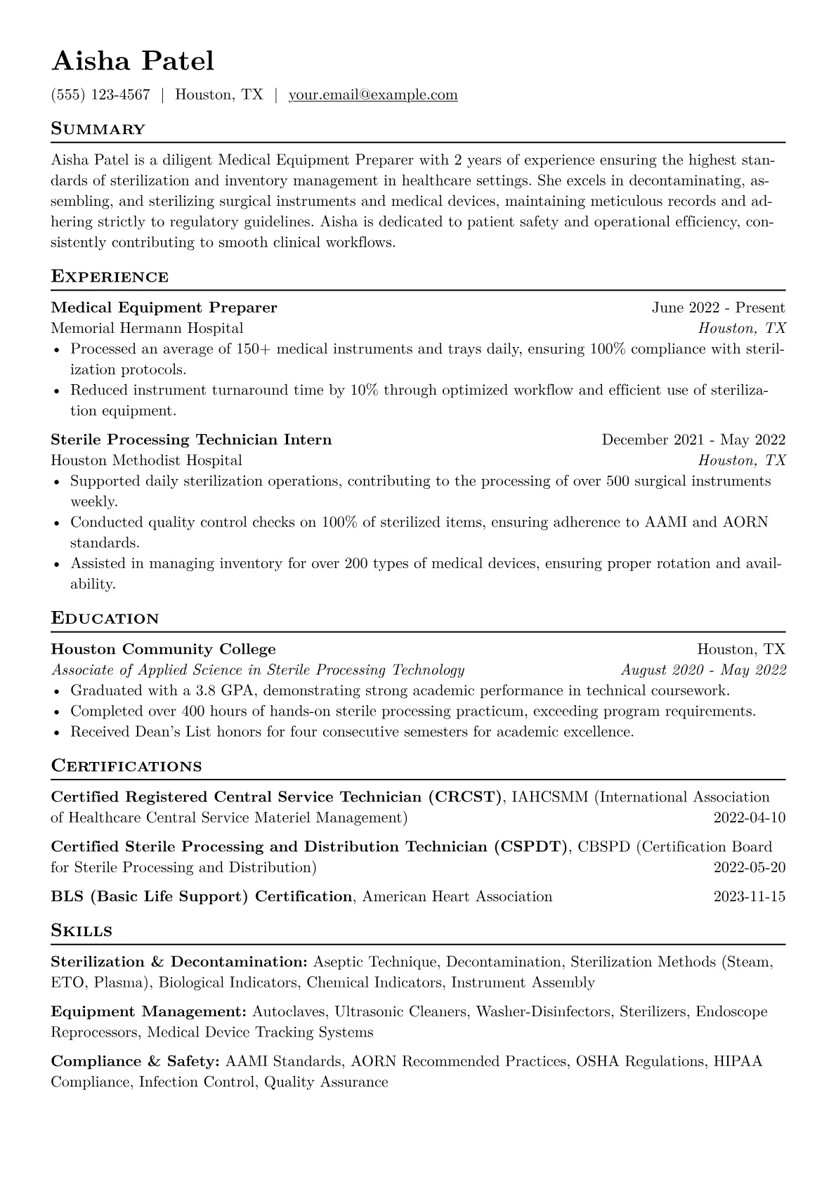 Medical Equipment Preparer Resume Example CV template - Page 1