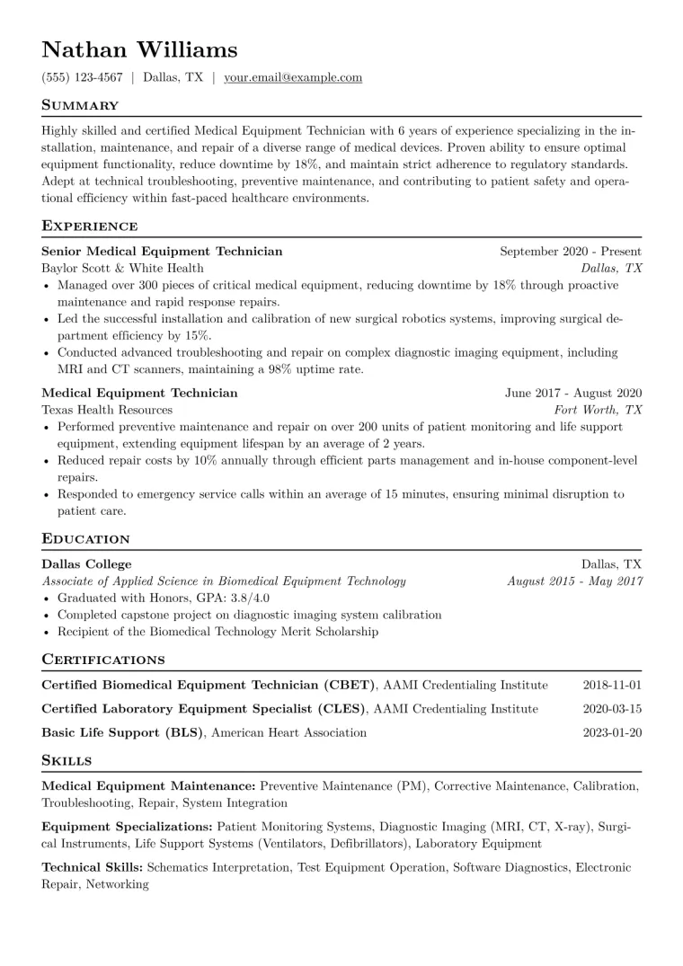 Medical Equipment Technician Resume Example CV template preview