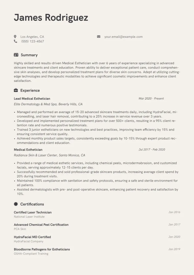 Medical Esthetician Resume Example CV template preview