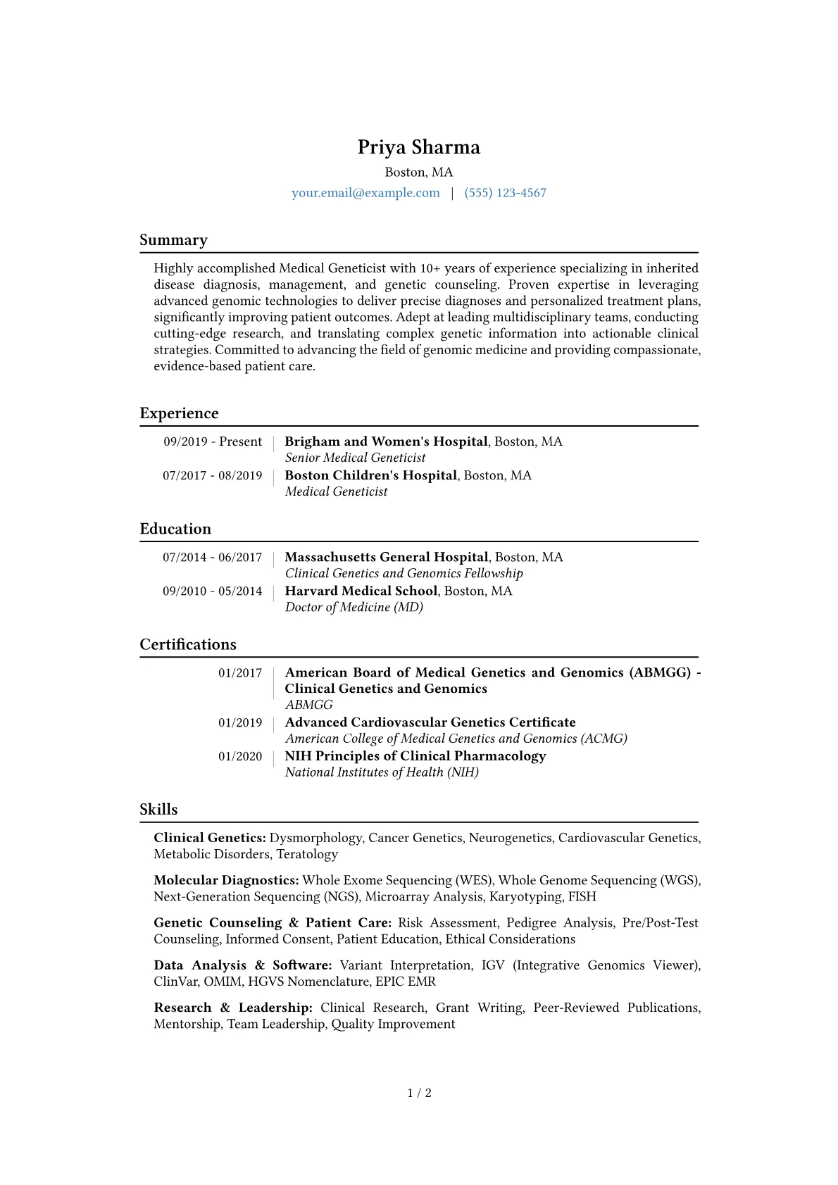 Medical Geneticist Resume Example CV template - Page 1