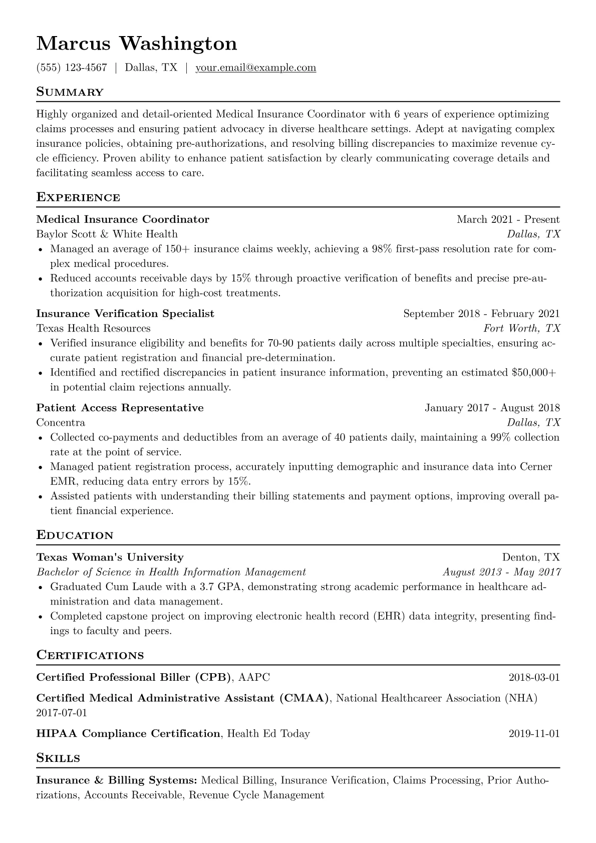 Medical Insurance Coordinator Resume Example CV template - Page 1