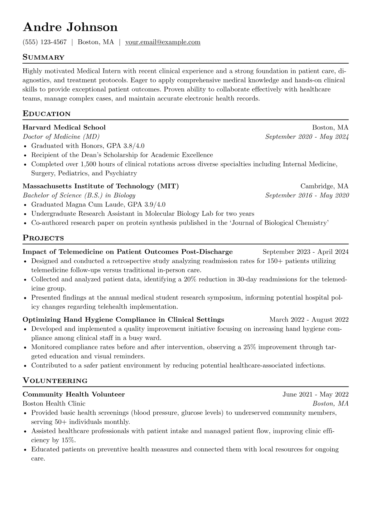 Medical Intern Resume Example CV template - Page 1