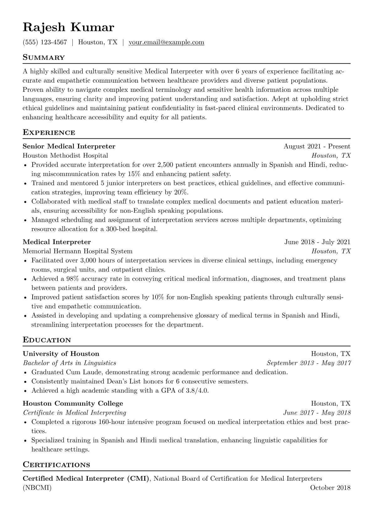 Medical Interpreter Resume Example CV template - Page 1