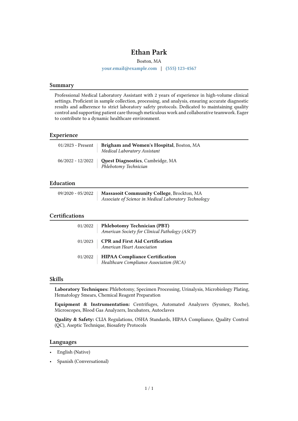 Medical Laboratory Assistant Resume Example CV template - Page 1