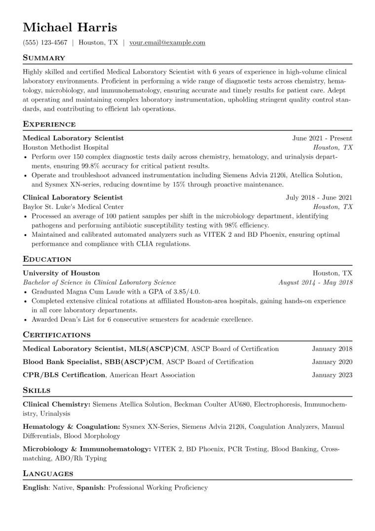 Medical Laboratory Scientist Resume Example CV template preview