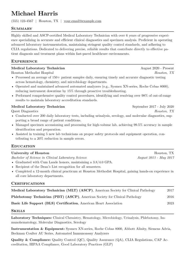 Medical Laboratory Technician Resume Example CV template preview