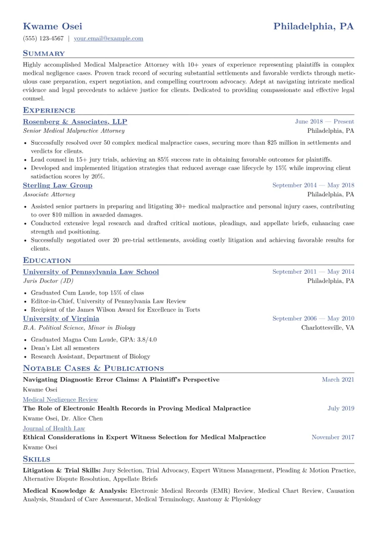 Medical Malpractice Attorney Resume Example CV template preview
