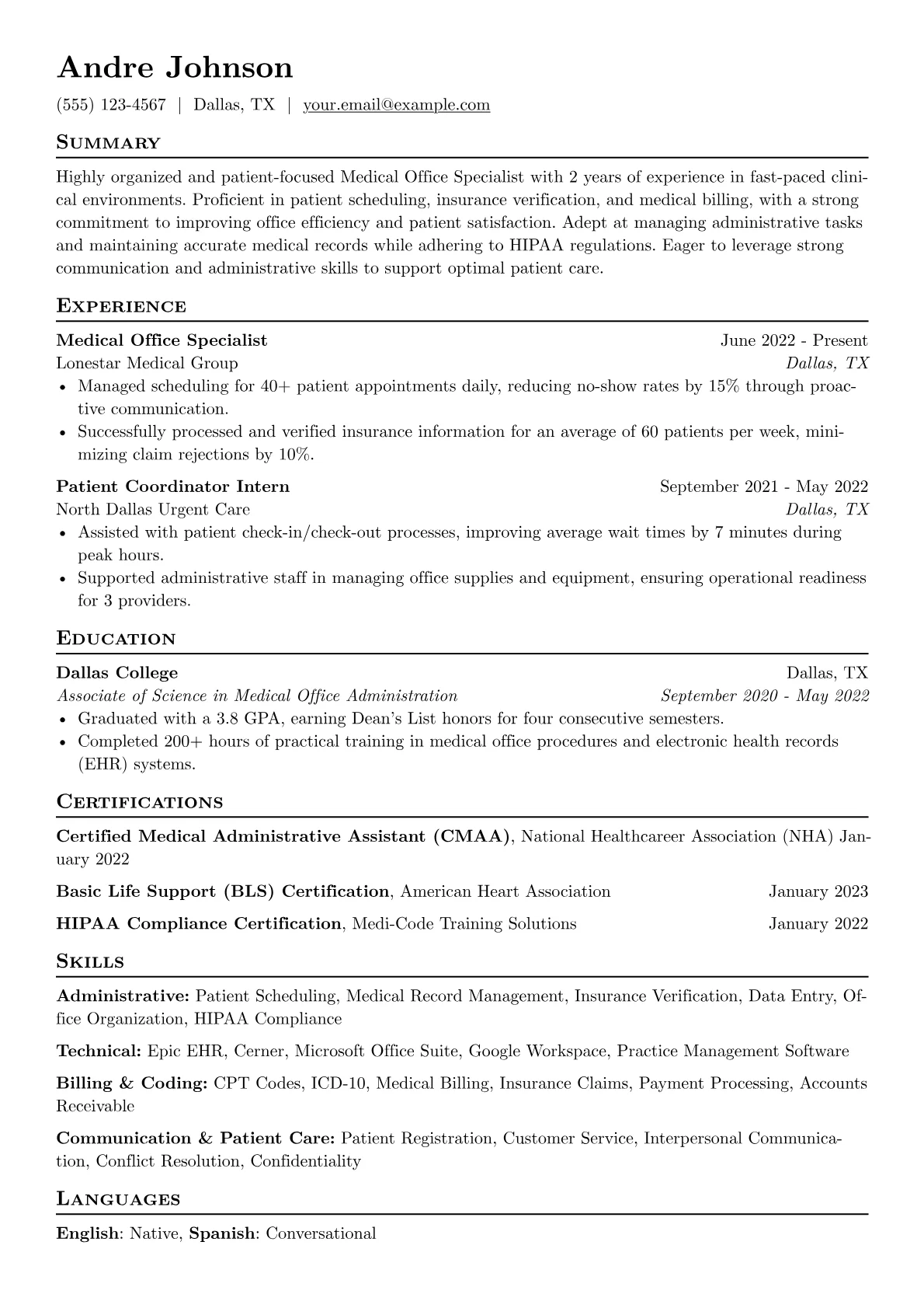 Medical Office Specialist Resume Example CV template - Page 1