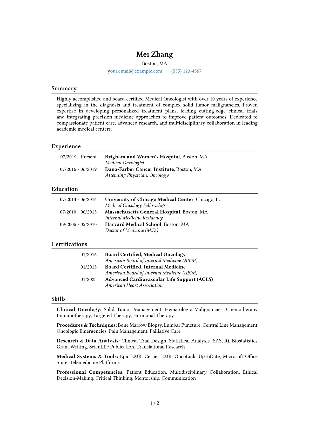 Medical Oncologist Resume Example CV template - Page 1
