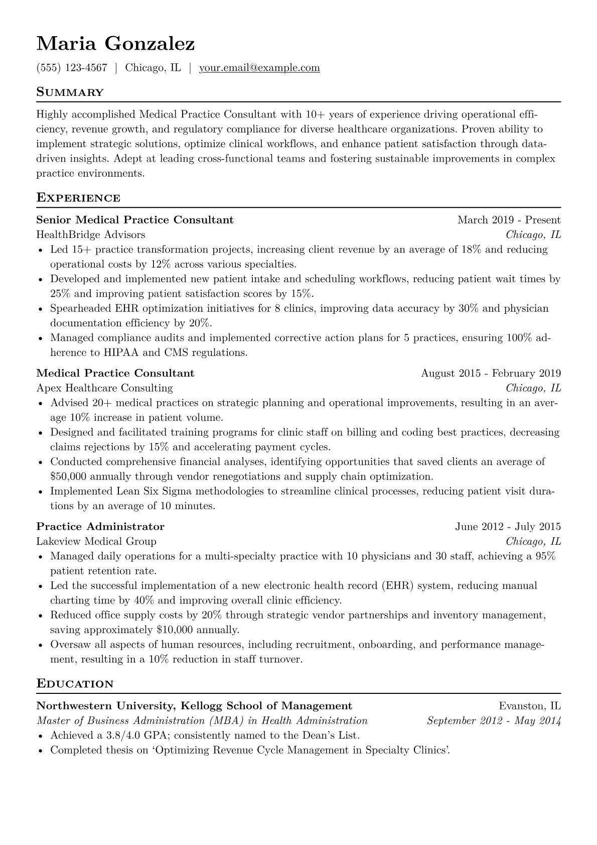 Medical Practice Consultant Resume Example CV template - Page 1