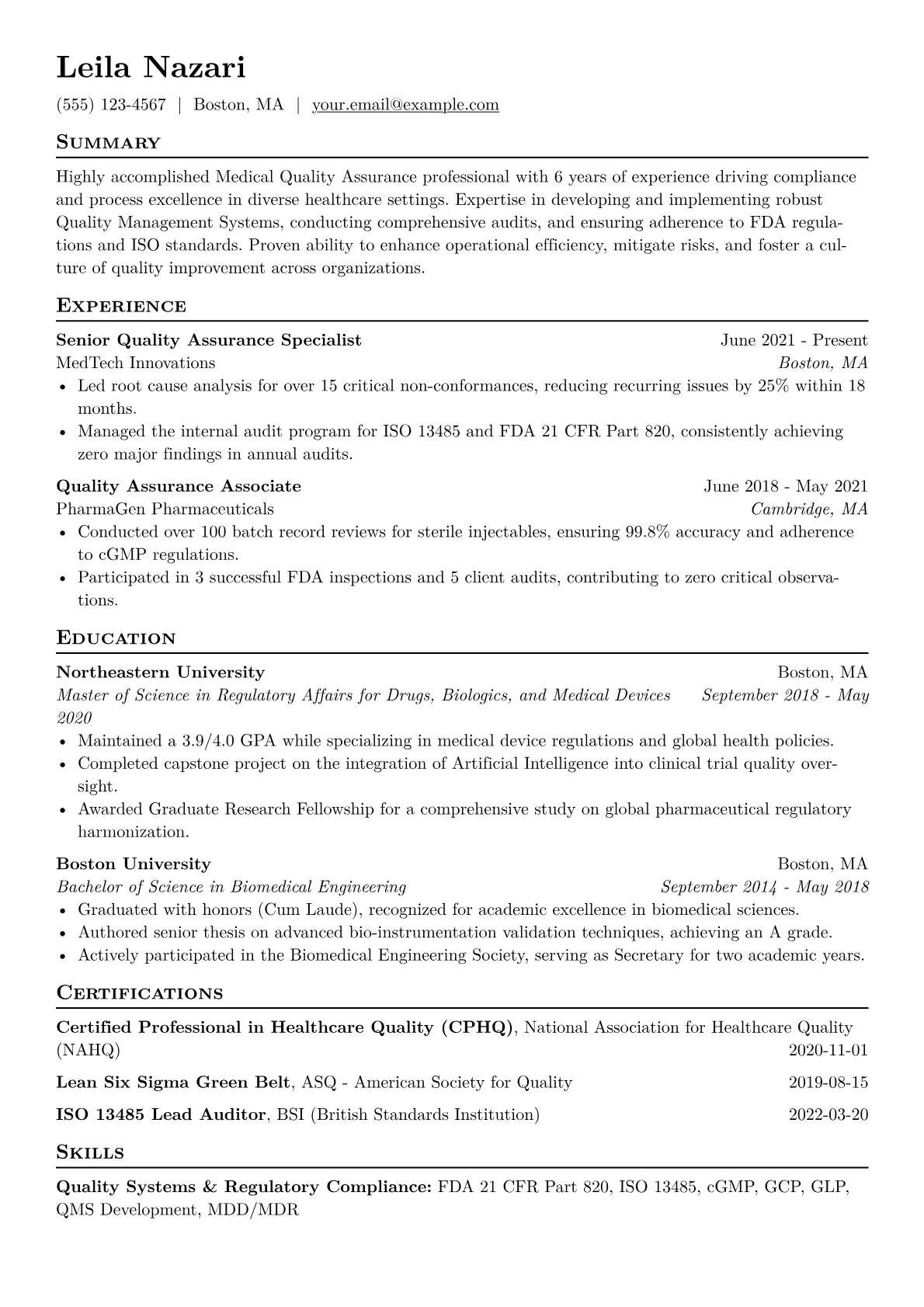 Medical Quality Assurance Resume Example CV template - Page 1