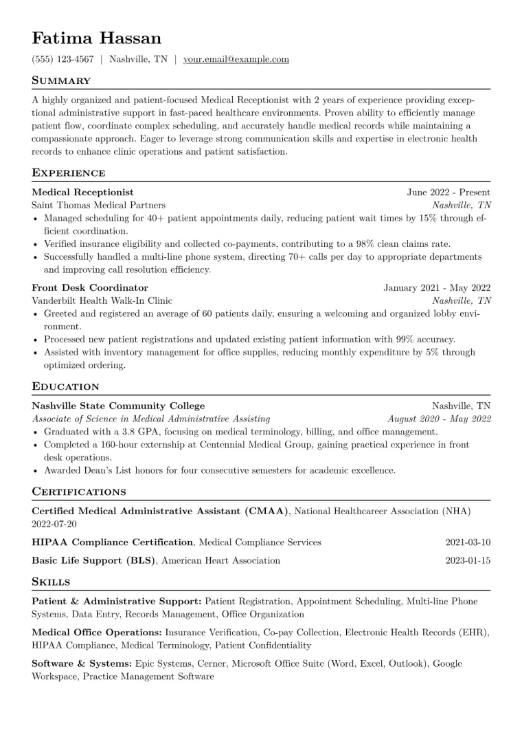 Medical Receptionist Resume Example CV template preview