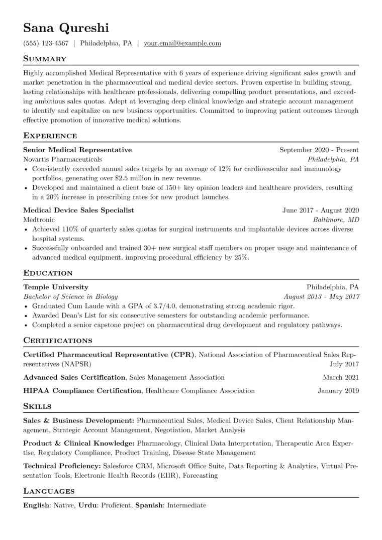 Medical Representative Resume Example CV template preview