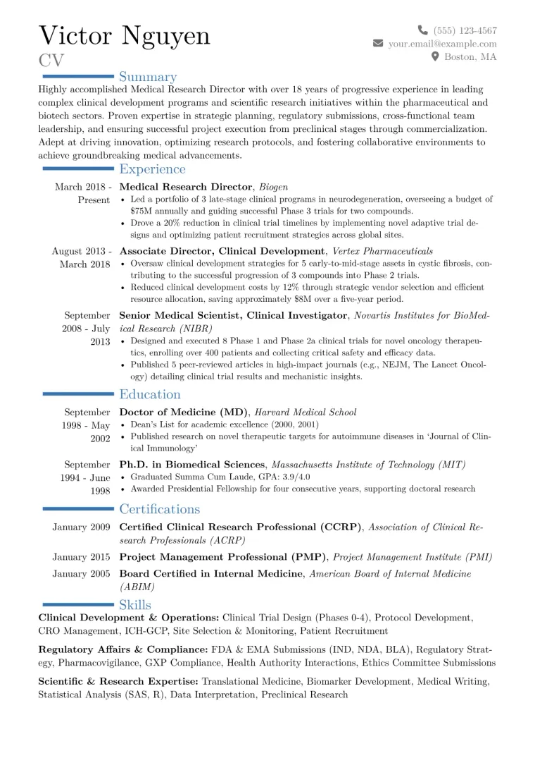 Medical Research Director Resume Example CV template preview