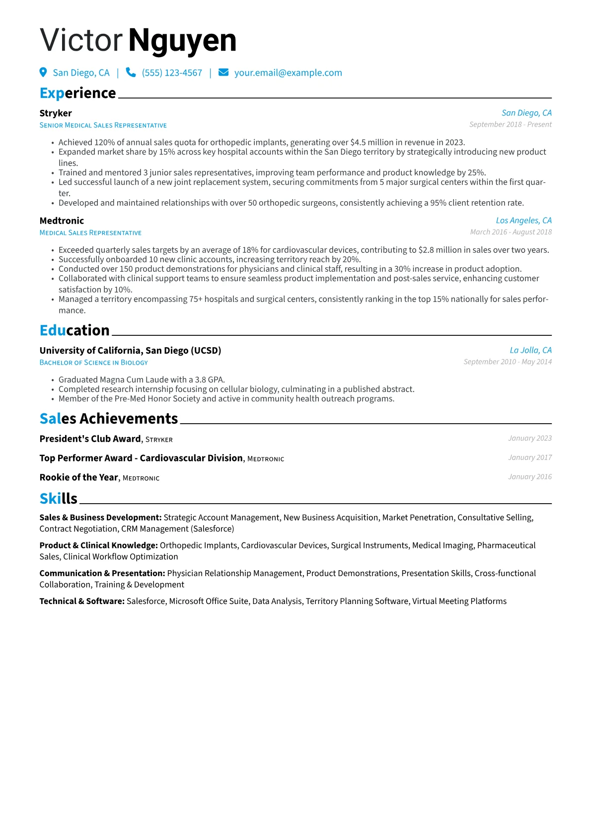 Medical Sales Representative Resume Example CV template - Page 1
