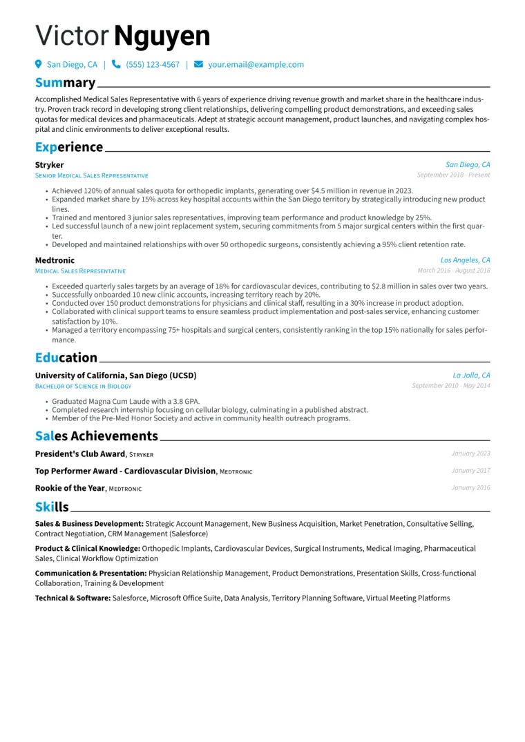 Medical Sales Representative Resume Example CV template preview