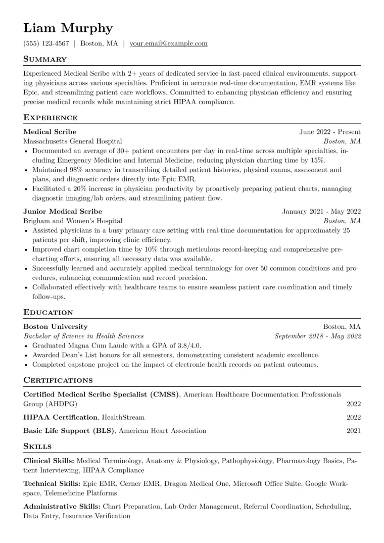 Medical Scribe Resume Example