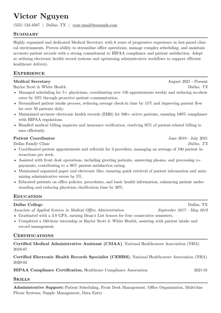 Medical Secretary Resume Example CV template preview