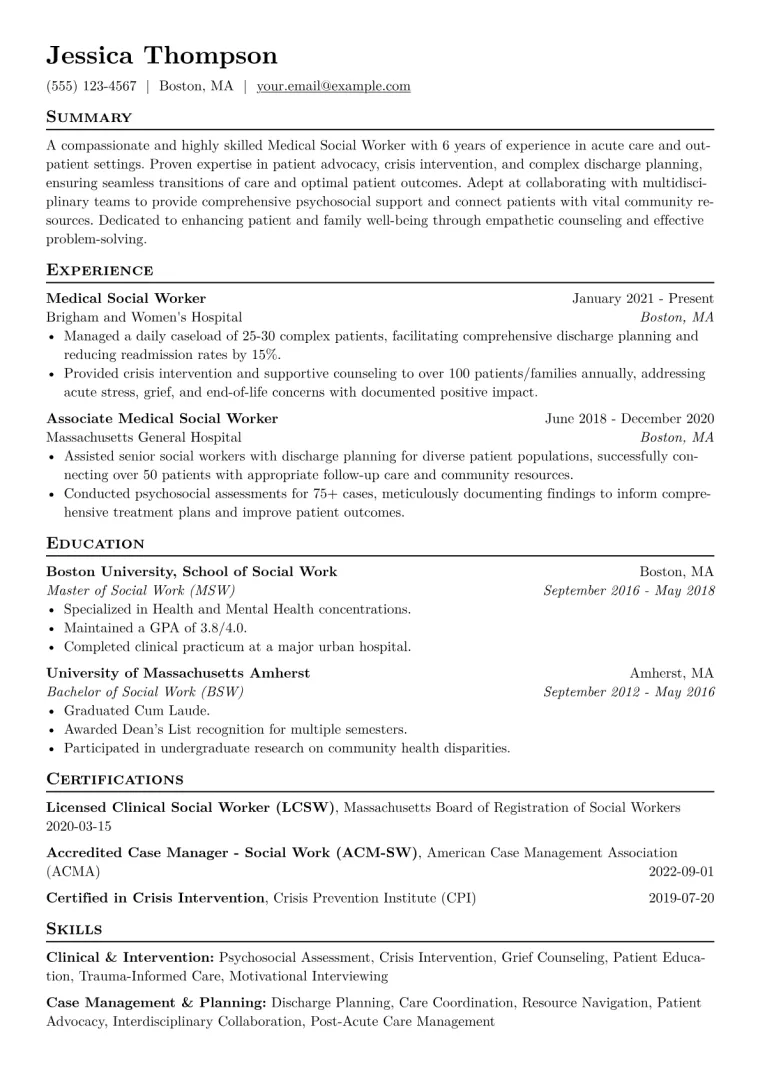 Medical Social Worker Resume Example CV template preview