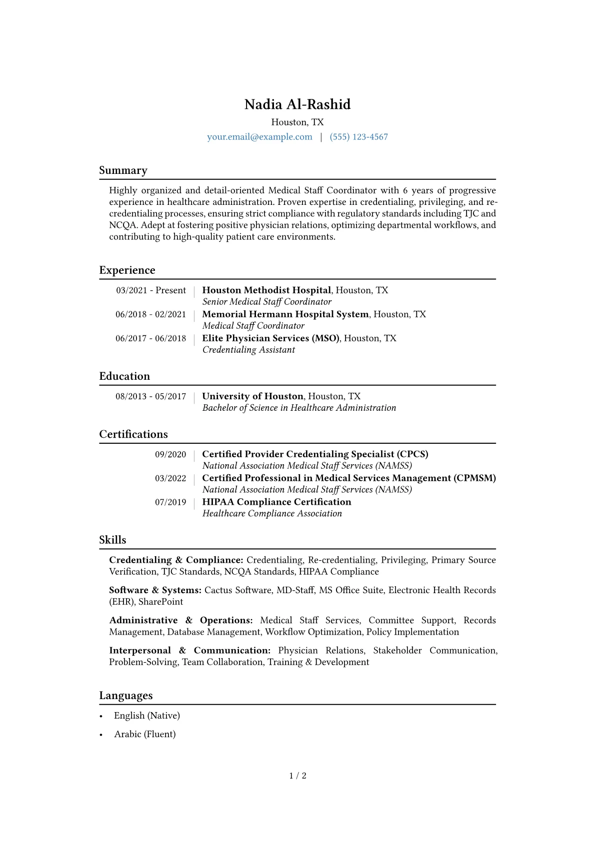 Medical Staff Coordinator Resume Example CV template - Page 1
