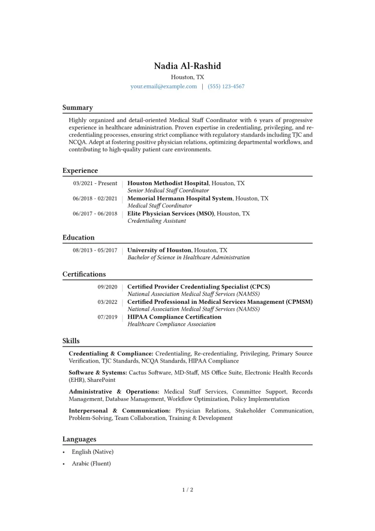 Medical Staff Coordinator Resume Example CV template preview