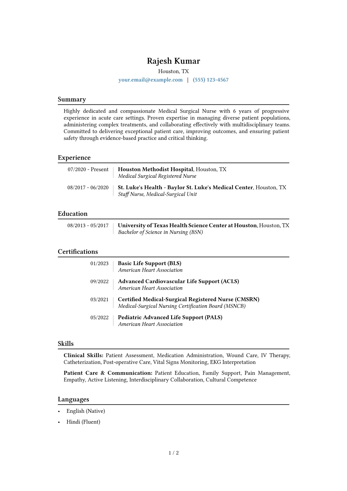 Medical Surgical Nurse Resume Example CV template - Page 1